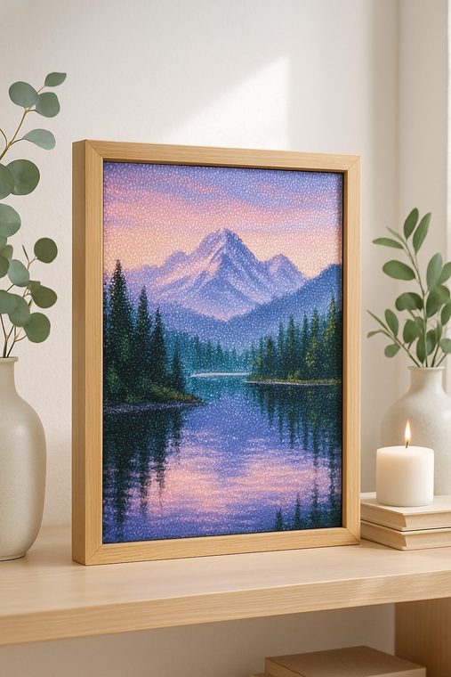 A finished diamond painting of a mountain lake, framed on a shelf