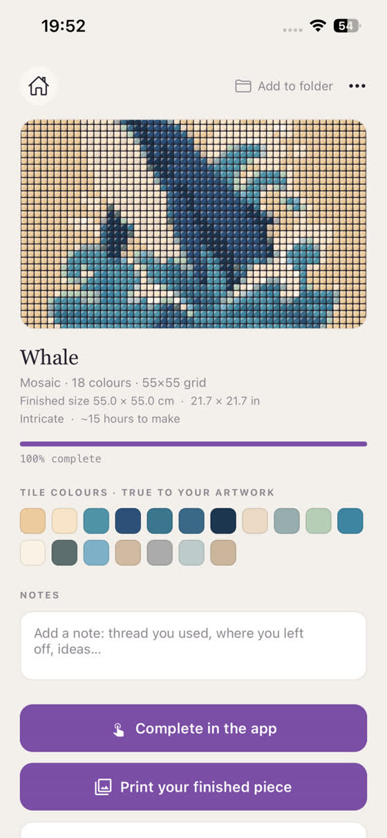 A whale mosaic project page showing finished size, tile colours and print options